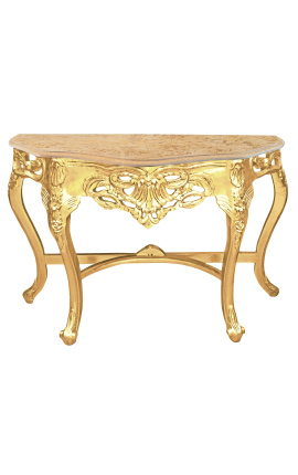 Consola de estilo barroco en madera dorada y mármol beige