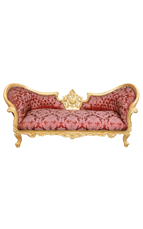 Canapé baroque Napoléon III médaillon tissu "Gobelins" rouge et bois doré