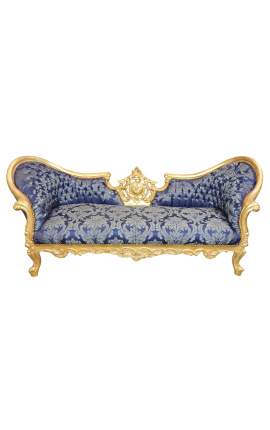 Baroka Napoleona III medaliona stila sofa zilā "Gabaliņi" audumi un zelta lapas koksne