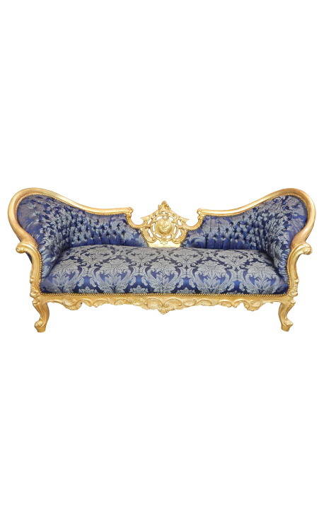 Barock NapoleonIII medaljongstil soffa blå "Gobelins" tyg och guld blad trä