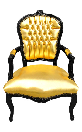 Fotel w stylu barokowym w stylu Ludwika XV ze złotej sztucznej skóry i błyszczącego czarnego drewna