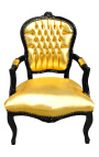 Barockfåtölj Louis XV stil guld läder och glänsande svart trä - 1