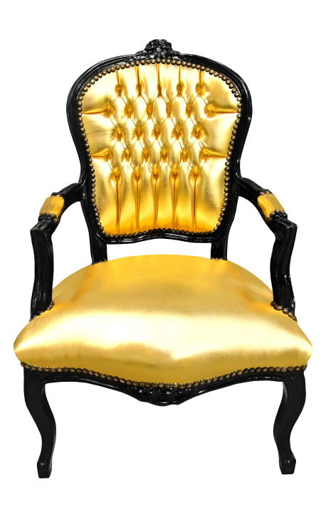 Baroque armchair Louis XV style faux leather gold and glossy black wood