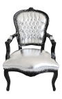 Poltrona barocca Louis XV Stile in similpelle argento e legno nero - 1