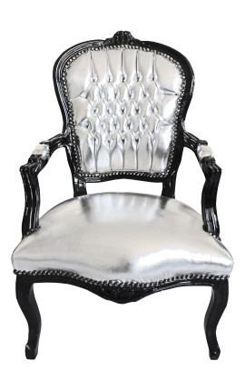 Baroque armchair Louis XV style faux leather silver and black wood