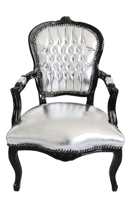 Sillón barroco Louis XV Estilo de platina de piel de plata y madera negra. - 1