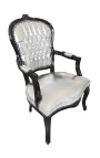 Fauteuil baroque de style Louis XV simili cuir argent et bois noir