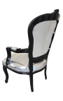 Barock-Sessel im Louis-XV-Stil, Kunstleder in Silber und schwarzem Holz