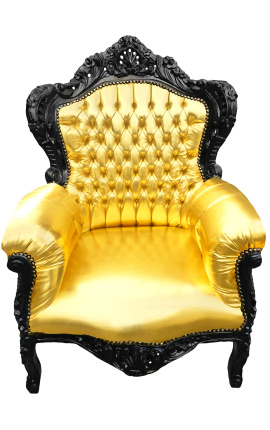 Iso barokkityylinen nojatuoli kultaa keinonahkaa ja mustaa puuta