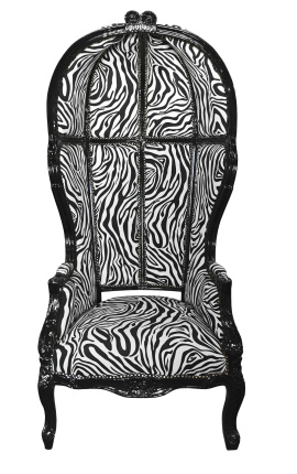 Grand Porterin barokkityylinen nojatuoli seeprakuvioinen kangas kiiltävä musta puu
