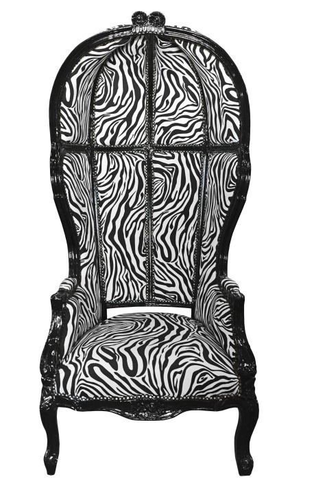 Poltrona estilo barroco de grande porte zebra padrão tecido de madeira preta brilhante - 1