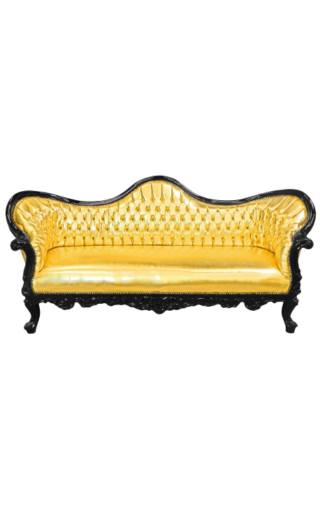 Barocksofa Napoleon III., Stoff, Kunstleder, Gold und schwarz lackiertes Holz