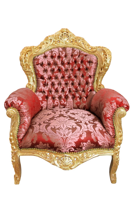 Grande poltrona in stile barocco di tessuto rosso "Gobelins" e legno dorato - 1