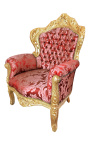 Poltrona grande estilo barroco em tecido "Gobelins" vermelho e madeira dourada