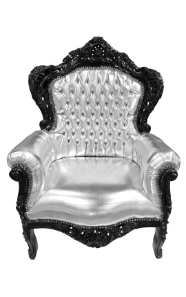 Grand fauteuil de style baroque simili cuir argent et bois noir