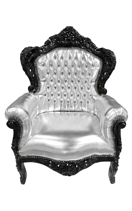 Grote fauteuil in barokstijl kunstleer zilver en zwart hout - 1