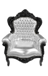 Stor fåtölj i barockstil i konstläder silver och svart trä - 1