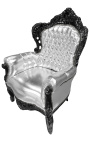 Gran fauteuil de style baroque simili cuir argent et bois noir