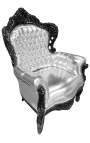 Big baroque style armchair faux leather silver and black wood 
