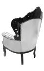 Grand fauteuil de style baroque simili cuir argent et bois noir