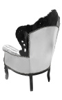 Großer Sessel im Barockstil, Kunstleder in Silber und schwarzem Holz 