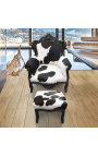 Grand fauteuil de style baroque en vrai peau de vache et bois laqué noir