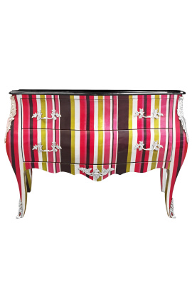 Baroque dresser Louis XV style multicolored stripes, 2 drawers and silver bronzes