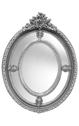Голямо овално бароково огледало в сребърен стил на Луи XVI
