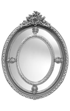 Grand miroir ovale argenté baroque de style Louis XVI