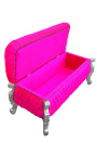 Big baroque bench trunk Louis XV style fuchsia velvet fabric with cristals and silver wood