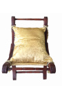 Ławka rzymska (lub Dagobert) złota satynowa tkanina i drewno mahoniowe 