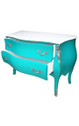 Commode baroque de style Louis XV turquoise et plateau blanc avec 2 tiroirs