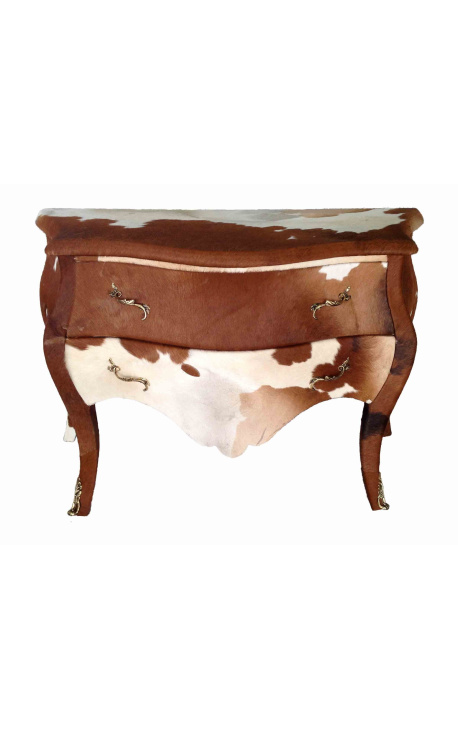 Commode baroque de style Louis XV vrai peau de vache marron avec 2 tiroirs