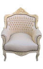 Fauteuil "princier" de style Baroque simili cuir beige et bois laqué beige