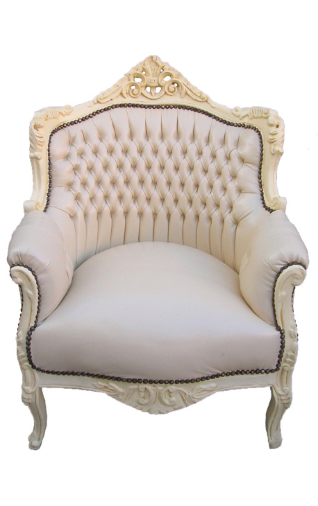 Armchair "princely" Baroque style beige leatherette and beige lacquered wood 