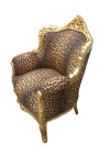 Poltrona "princesa" de estilo barroco em tecido leopardo e madeira dourada