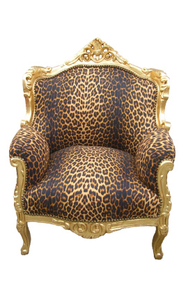 Cadeira de braço "príncipe" estilo barroco léopard tecido e madeira dourada