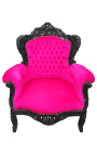 Grand fauteuil de style baroque velours fuchsia et bois laqué noir