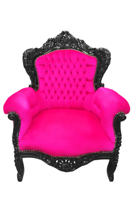 Gran sillón de estilo barroco fuchsia terciopelo rosa y madera lacada negra