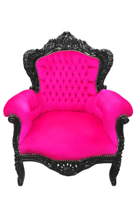 Velik fotelj v baročnem slogu fuksija roza žamet in črno lakiran les
