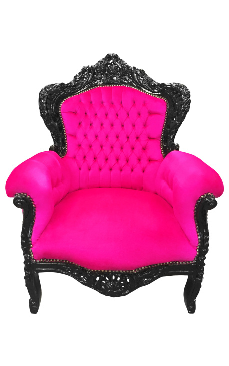 Didelis baroko stiliaus fotelis fuksijos rožinio aksomo ir juodai lakuoto medžio