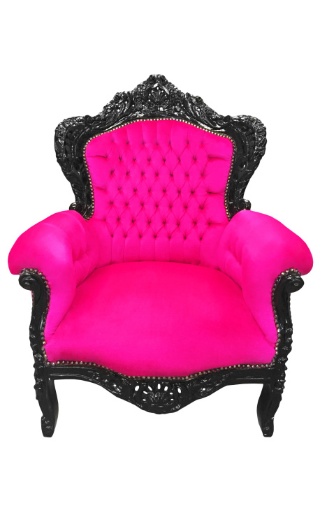 Gran sillón de estilo barroco fuchsia terciopelo rosa y madera lacada negra