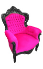 Liels baroka stila atzveltnes krēsls fuksijas rozā samta un melni lakota koka