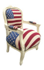 Fauteuil baroque enfant drapeau américain et bois laqué beige