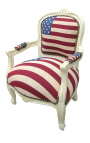 Fauteuil baroque enfant drapeau américain et bois laqué beige