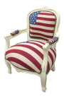 Barokowy fotel dla dziecka z amerykańską flagą i beżowym drewnem