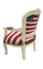 Fauteuil baroque enfant drapeau américain et bois laqué beige