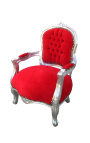 Poltrona barocca per bambini in velluto rosso e legno argentato