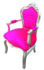 Fauteuil de style Baroque Rococo tissu velours rose fuchsia et bois argenté