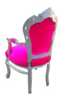 Fauteuil de style Baroque Rococo tissu velours rose fuchsia et bois argenté